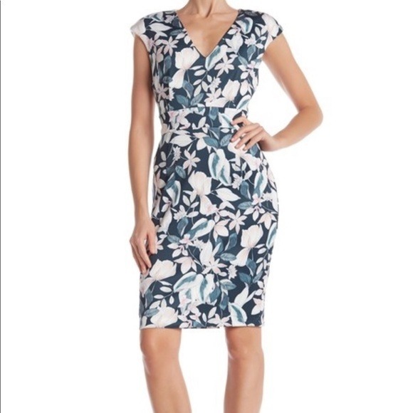 Alexia Admor Dress Womens M Floral Print V Neck Sheath Elegant Wedding Career - Picture 1 of 11